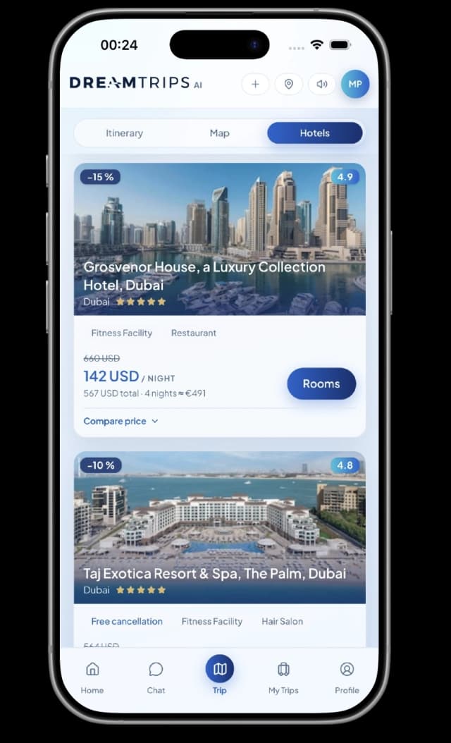 smart hotels view in the DreamTrips.AI app