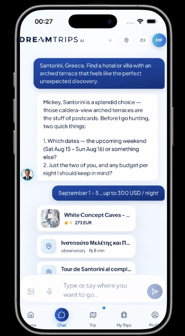 ai trip planner view in the DreamTrips.AI app
