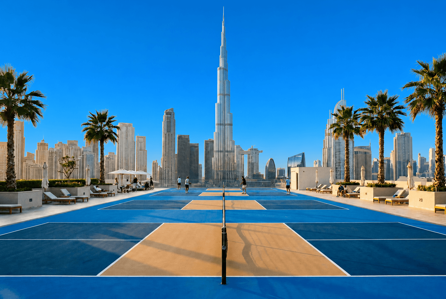 Pickleball courts overlooking the Burj Khalifa in Dubai